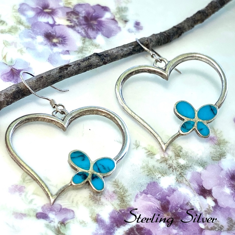 Sterling Silver Open Heart Shape with Inlay Turquoise Butterfly Dangle Earrings